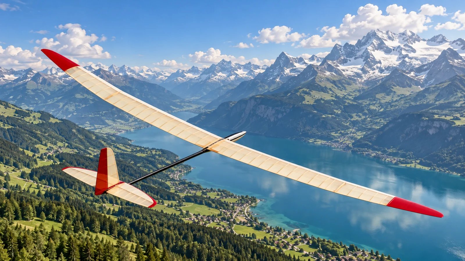 Ein Segelflugmodell mit cremefarbenen Flügeln und roten Spitzen im Flug. Alpental.